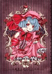 Rule 34 | 1girl, bad id, bad pixiv id, blue hair, bow, cover, female focus, flower, hat, hat ribbon, open mouth, puffy sleeves, red eyes, remilia scarlet, ribbon, rose, short hair, short sleeves, skull, solo, touhou, touya yuki, wrist cuffs