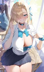 Rule 34 | 2girls, asuna (blue archive), black choker, black skirt, blonde hair, blue archive, blue bow, blue bowtie, blue halo, blue ribbon, blue scrunchie, blush, bow, bowtie, breasts, choker, classroom, cleavage, collared shirt, hair over one eye, hair ribbon, halo, highres, indoors, karin (blue archive), large breasts, long hair, looking at viewer, mole, mole on breast, multiple girls, one eye covered, partially unbuttoned, pleated skirt, raijuu (bakanara), ribbon, scrunchie, shirt, shirt tucked in, sitting, skirt, smile, solo focus, thighs, white shirt, window, wrist scrunchie