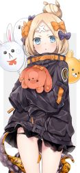 Rule 34 | 1girl, abigail williams (fate), abigail williams (traveling outfit) (fate), alternate hairstyle, balloon, bandaid, bandaid on face, bandaid on forehead, belt, black bow, black jacket, black panties, blonde hair, blue eyes, bow, crossed bandaids, fate/grand order, fate (series), forehead, fou (fate), hair bow, hair bun, heroic spirit traveling outfit, highres, holding, holding stuffed toy, jacket, long hair, medjed (fate), official alternate costume, open mouth, orange bow, panties, parted bangs, polka dot, polka dot bow, single hair bun, sino (sionori), sleeves past fingers, sleeves past wrists, solo, stuffed animal, stuffed toy, teddy bear, tentacles, thighs, underwear, white background