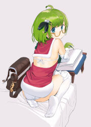 Rule 34 | 1girl, absurdres, ahoge, ass, backless shirt, bag, bed, bikini, bikini under clothes, blue eyes, book, book stand, bow legwear, christmas, closed mouth, elbow gloves, full body, fur-trimmed shirt, fur trim, glove bow, gloves, green hair, grey background, hair ornament, hair over shoulder, hair ribbon, hairclip, highres, light frown, long hair, no pants, on bed, original, pointy ears, reading, red shirt, ribbon, satchel, semi-rimless eyewear, shirt, simple background, sitting, solo, swimsuit, thighhighs, under-rim eyewear, wariza, white bikini, white gloves, white thighhighs, yellow-framed eyewear, zhongye yu