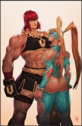 Rule 34 | 2girls, abs, ass, biceps, blonde hair, breasts, cleavage, clenched hands, crop top, david liu, glaring, gold necklace, green eyes, highres, jewelry, large breasts, marisa (street fighter), multiple girls, muscular, muscular female, necklace, rainbow mika, red hair, shorts, shorts under skirt, simple background, standing, street fighter, street fighter 6, street fighter iii (series), tall female, wrestling mask, wrestling outfit