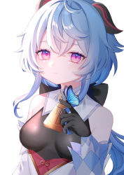 Rule 34 | 1girl, absurdres, ahoge, bare shoulders, bell, black gloves, blue hair, bow, breasts, bug, butterfly, butterfly on hand, detached sleeves, ganyu (genshin impact), genshin impact, gloves, highres, horns, insect, long hair, looking at viewer, medium breasts, mochi mochi052, neck bell, purple eyes, sidelocks, solo, upper body, user jwua2833, white background, white sleeves