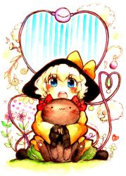 Rule 34 | 1girl, :3, animal, blonde hair, blue eyes, blush, boots, bow, daisy, flower, green skirt, hat, hat bow, hat ribbon, heart, heart of string, highres, holding, holding animal, kaenbyou rin, kaenbyou rin (cat), komeiji koishi, long sleeves, open mouth, purple flower, red bow, ribbon, shiro tsugumi, shirt, sitting, skirt, sleeves past wrists, smile, solo, teeth, third eye, touhou, upper teeth only, wariza, yellow bow, yellow shirt