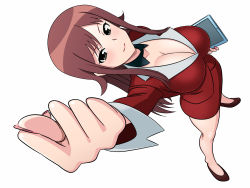 Rule 34 | 1girl, akana rui, blush, breasts, brown hair, business suit, chousoku henkei gyrozetter, cleavage, feet, fingernails, formal, green eyes, high heels, highres, large breasts, long fingernails, long hair, looking at viewer, nail polish, shoes, simple background, skirt, smile, solo, standing, suit, white background, yuki (12cut)