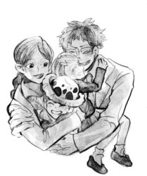 2boys 2girls ^_^ carrying carrying_person closed_eyes family glasses greyscale hat hug korean_commentary law&#039;s_father_(one_piece) law&#039;s_mother_(one_piece) long_sleeves monochrome multiple_boys multiple_girls one_piece ponytail short_hair simaba simple_background smile socks trafalgar_lami trafalgar_law