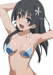 :d arms_up bikini black_hair blue_bikini breasts flower hair_between_eyes hair_flower hair_ornament halterneck highres long_hair looking_at_viewer medium_breasts open_mouth saten_ruiko shou937 sketch smile swimsuit toaru_kagaku_no_railgun toaru_majutsu_no_index upper_body white_background