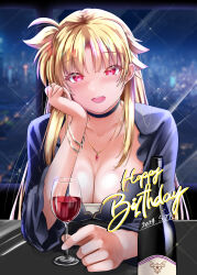 Rule 34 | 1girl, 2024, alcohol, blonde hair, blush, bottle, bracelet, breasts, choker, cleavage, commentary request, cup, dated, dress, drinking glass, fate testarossa, happy birthday, highres, indoors, jewelry, large breasts, long hair, looking at viewer, lyrical nanoha, mahou shoujo lyrical nanoha strikers, open mouth, pendant, red eyes, red wine, solo, sougetsu izuki, wine, wine bottle, wine glass