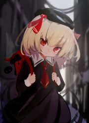Rule 34 | 1girl, ascot, backpack, bag, black dress, black headwear, blonde hair, blurry, blurry background, closed mouth, dress, hair ribbon, looking at viewer, red ascot, red eyes, red ribbon, ribbon, rumia, short hair, solarisu, solo, touhou, v-shaped eyebrows