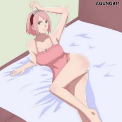 Rule 34 | 1girl, 2018, agung911, apron, arm up, ass, barefoot, bed sheet, boruto: naruto next generations, breasts, cleavage, closed mouth, collarbone, female focus, forehead protector, forehead tattoo, green eyes, hairband, haruno sakura, highres, legs, looking at viewer, lying, medium hair, naruto, naruto (series), on floor, on side, parted bangs, parted lips, pink apron, pink hair, red hairband, shiny skin, short hair, sidelocks, solo, source request, tattoo, text focus, twisted torso, watermark