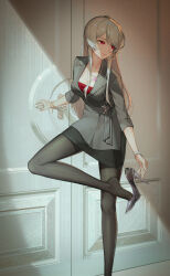Rule 34 | 1girl, absurdres, black footwear, black pantyhose, black skirt, bracelet, breasts, cleavage, closed mouth, crazy ones, crossed legs, door handle, earrings, foot out of frame, formal, grey hair, grey jacket, hand on handle, high heels, highres, hoop earrings, indoors, jacket, jewelry, large breasts, leg up, long hair, looking to the side, miniskirt, necklace, office lady, official art, pantyhose, pencil skirt, pumps, red eyes, red shirt, removing shoes, shade, shirt, shoes, skirt, sleeves past elbows, solo, standing, standing on one leg, stiletto heels, suit, watch, wristwatch, xia bing (crazy ones)