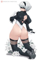 Rule 34 | 1girl, 2b (nier:automata), absurdres, ass, back cutout, black blindfold, black footwear, black gloves, black hairband, black leotard, black thighhighs, blindfold, boots, clothing cutout, commentary, elbow gloves, expressionless, flower, from behind, full body, gloves, hairband, heattech leotard, hibiscus, high heel boots, high heels, highres, kneeling, leotard, mandytsune, median furrow, mole, mole under mouth, nier:automata, nier (series), patreon username, puffy sleeves, short hair, simple background, skindentation, solo, thigh boots, thighhighs, thighs, thong leotard, turtleneck, two-tone gloves, two-tone leotard, white background, white flower, white gloves, white hair, white leotard