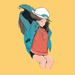 Rule 34 | 1girl, arms up, bike shorts, brown hair, buttons, closed mouth, creatures (company), game freak, green jacket, hat, highres, jacket, knees, leaf (pokemon), leaf (sygna suit) (pokemon), lillin, long hair, long sleeves, nintendo, official alternate costume, one eye closed, open clothes, open jacket, pink shirt, pokemon, pokemon masters ex, shirt, simple background, solo, stretching, white hat, yellow background
