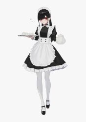 Rule 34 | 1girl, apron, black choker, black dress, black footwear, black hair, blunt bangs, blush, choker, commentary request, cup, dress, ear piercing, earrings, enokawa kokoro (hara kenshi), expressionless, facial mark, frilled apron, frilled dress, frills, full body, hara kenshi, heart, heart choker, highres, holding, holding teapot, holding tray, jewelry, long hair, looking at viewer, maid, maid apron, maid headdress, mary janes, mole, mole under mouth, original, pantyhose, piercing, red eyes, saucer, shoes, sidelocks, simple background, solo, standing, stud earrings, teacup, teapot, tray, white apron, white background, white pantyhose
