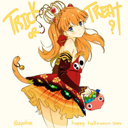 Rule 34 | 1girl, bell, blue eyes, candy, cat tail, food, hair ornament, halloween, happy halloween, kemonomimi mode, looking at viewer, neon genesis evangelion, orange hair, skirt, solo, souryuu asuka langley, tail, tail bell, tail ornament, trick or treat, twitter username, zpolice