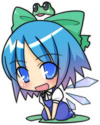 Rule 34 | 1girl, blue dress, blue eyes, blue hair, chibi, cirno, dress, fairy, female focus, frog, full body, looking at viewer, matching hair/eyes, open mouth, ribbon, simple background, sitting, solo, touhou, white background, wings