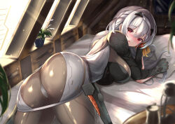 Rule 34 | 1girl, absurdres, artist request, ass, bandaged head, bandages, bed, blush, bodysuit, breasts, from behind, goddess of victory: nikke, grey hair, hair ribbon, highres, large breasts, long hair, looking at viewer, looking back, lying, modernia (nikke), red eyes, ribbon, shiny clothes, shiny skin, sideboob, skin tight, skirt, solo, very long hair