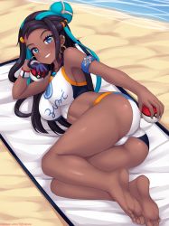 Rule 34 | 1girl, alternate breast size, armpits, ass, bare legs, bare shoulders, barefoot, beach, bikini, black hair, blue eyes, blue hair, breasts, commentary, creatures (company), dark-skinned female, dark skin, day, english commentary, feet, forehead, game freak, gloves, grin, gym leader, hair ornament, highres, holding, holding poke ball, large breasts, long hair, looking at viewer, lying, multicolored hair, nessa (pokemon), nintendo, nottytiffy, on side, outdoors, poke ball, poke ball (basic), pokemon, pokemon swsh, purple gloves, sand, single glove, smile, soles, solo, swimsuit, tankini, toes, two-tone hair, very long hair, water, watermark, web address, white bikini, wristband