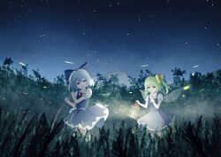 Rule 34 | 2girls, absurdres, ascot, blue bow, blue hair, blue skirt, blue vest, blurry, blurry foreground, bow, cirno, daiyousei, detached wings, fairy wings, fireflies, full body, grass, green hair, hair bow, highres, ice, ice wings, lantern, multiple girls, night, outdoors, scenery, shirt, short hair, short sleeves, side ponytail, skirt, sky, star (sky), starry sky, touhou, vest, white shirt, wings, wrainman, yellow ascot