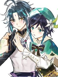 Rule 34 | 2boys, ahoge, aqua hair, arm tattoo, bead necklace, beads, black gloves, black hair, blue eyes, blue hair, blush, bow, braid, cape, closed mouth, commentary, facial mark, flower, forehead mark, fractalmagnolia, genshin impact, gloves, gradient hair, green headwear, hat, holding hands, jewelry, male focus, multicolored hair, multiple boys, necklace, parted lips, simple background, sketch, symbol-only commentary, tassel, tattoo, twin braids, upper body, venti (genshin impact), white background, white flower, xiao (genshin impact), yaoi, yellow eyes