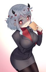 Rule 34 | 1girl, black horns, black suit, blush, breasts, commentary, demon girl, demon horns, heart, heart-shaped pupils, helltaker, highres, horns, jungki dr, large breasts, long sleeves, looking at viewer, modeus (helltaker), pantyhose, red eyes, red sweater, shirt, short hair, simple background, sleeves past wrists, solo, suit, sweater, symbol-shaped pupils, turtleneck, white background, white hair