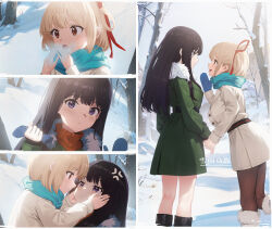 Rule 34 | 2girls, absurdres, anger vein, belt, black belt, black footwear, black hair, black pantyhose, blonde hair, blue mittens, blue scarf, boots, breath, closed mouth, coat, commentary request, edgar syu, eye contact, film grain, fur-trimmed boots, fur trim, green coat, hair ribbon, hands on another&#039;s cheeks, hands on another&#039;s face, highres, holding hands, inoue takina, long hair, long sleeves, looking at another, lycoris recoil, mittens, multiple girls, nishikigi chisato, one side up, open mouth, outdoors, pantyhose, pout, purple eyes, red eyes, red ribbon, ribbon, scarf, sidelocks, snow, standing, translation request, white coat, yuri