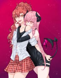 Rule 34 | 2girls, aaaaddddd, akuma no riddle, bags under eyes, black gloves, demon girl, demon horns, demon tail, demon wings, dress, drill hair, elbow gloves, finger in another&#039;s mouth, gloves, hair between eyes, hand on another&#039;s ass, highres, holding, holding another&#039;s tail, horns, hug, hug from behind, inukai isuke, leaning on person, long hair, looking at another, multiple girls, off shoulder, open mouth, pink hair, plaid, plaid skirt, ponytail, red hair, sagae haruki, shirt, simple background, skirt, sleeveless, sleeveless dress, sleeves rolled up, smile, tail, tongue, tongue out, undershirt, very long hair, wavy hair, white shirt, wings, yuri