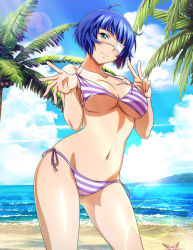 Rule 34 | 1girl, ahoge, artist request, bare arms, bare legs, beach, bikini, blue eyes, blue hair, blue sky, blunt bangs, bob cut, breasts, cleavage, closed mouth, cloud, collarbone, cowboy shot, day, eyepatch, ikkitousen, large breasts, lens flare, mole, mole under mouth, navel, ocean, outdoors, purple ribbon, ribbon, ryomou shimei, short hair, side-tie bikini bottom, sideboob, sky, smile, solo, standing, striped bikini, striped clothes, summer, swimsuit