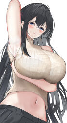 Rule 34 | 1girl, absurdres, arm up, armpits, bare shoulders, black hair, blue eyes, blush, bra visible through clothes, breasts, closed mouth, crop top, dutch angle, earrings, hair between eyes, highres, huge breasts, jewelry, lipstick, long hair, looking at viewer, makeup, mitty7, navel, original, presenting armpit, ribbed shirt, shirt, sleeveless, sleeveless shirt, solo, stomach, sweatdrop, very long hair