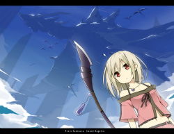 Rule 34 | 1girl, blonde hair, cloud, creature, dragon, fantasy, from below, grey hair, jewelry, letterboxed, navel, necklace, pixiv fantasia, pixiv fantasia sword regalia, polearm, red eyes, short hair, sky, sky-freedom, spear, weapon