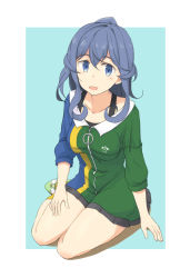 Rule 34 | 1girl, blue eyes, blue hair, blush, breasts, dress, flats, gotland (kancolle), green dress, grey skirt, kantai collection, kugui kiyunemu, long hair, looking at viewer, medium breasts, miniskirt, mole, mole under eye, multicolored clothes, official alternate costume, open mouth, pleated skirt, ponytail, sitting, skirt, smile, socks, solo, tank top, yellow socks