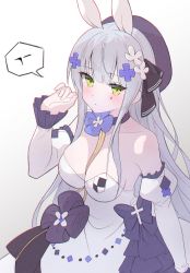Rule 34 | 1girl, animal ears, bad id, bad twitter id, bare shoulders, blush, breasts, choker, cleavage, clming, detached sleeves, dress, dress flower, expressionless, facial mark, girls&#039; frontline, green eyes, hair ornament, hat, highres, hk416 (girls&#039; frontline), hk416 (herbal-flavored hard candy) (girls&#039; frontline), large breasts, long hair, looking at viewer, official alternate costume, puffy sleeves, rabbit ears, silver hair, solo, strapless, strapless dress, very long hair