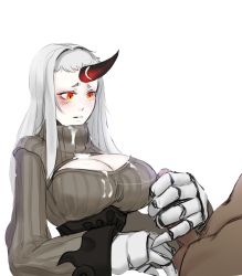 Rule 34 | 10s, 1boy, 1girl, :s, blush, breasts, claws, cleavage cutout, clothing cutout, cum, cum on clothes, facing another, gradient eyes, handjob, hetero, highres, horns, huge breasts, kantai collection, less, long hair, looking at penis, meme attire, multicolored eyes, open-chest sweater, pale skin, penis, red eyes, seaport princess, simple background, single horn, sweater, turtleneck, uncensored, upper body, white background, white hair, yellow eyes
