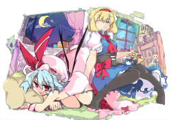 Rule 34 | 2girls, alice margatroid, beru, black legwear, blonde hair, blue eyes, blue hair, bow, cloud, commentary request, crescent moon, curtains, doll, fang, hairband, hat, hat ribbon, long hair, looking at another, looking at viewer, looking down, lying, mob cap, moon, multiple girls, night, night sky, on stomach, one eye closed, open mouth, pantyhose, parted lips, pillow, red bow, red eyes, red hairband, red ribbon, remilia scarlet, ribbon, shanghai doll, short hair, skull, sky, smile, touhou, window, wrist cuffs