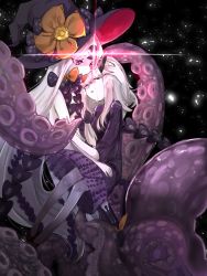 Rule 34 | 2girls, abigail williams (fate), abigail williams (third ascension) (fate), black bow, black dress, black hat, black socks, bow, closed eyes, closed mouth, commentary request, covered mouth, crying, dress, fate/grand order, fate (series), glowing, hand on another&#039;s head, hat, hetchhog tw, highres, horns, kneehighs, lavinia whateley (fate), long hair, multiple girls, orange bow, pale skin, parted bangs, polka dot, polka dot bow, profile, red footwear, revealing clothes, shoes, single horn, socks, suction cups, tears, tentacles, very long hair, white hair, witch hat
