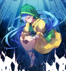 Rule 34 | 1girl, absurdres, apron, arm ribbon, blue footwear, blue hair, blue ribbon, chiroru (cheese-roll), commentary, dress, english commentary, green apron, haniyasushin keiki, head scarf, highres, holding, jewelry, juliet sleeves, light particles, long hair, long sleeves, magatama, magatama necklace, necklace, pocket, puffy sleeves, red eyes, ribbon, rock, sandals, short dress, solo, touhou, very long hair, wide sleeves, yellow dress