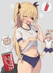 Rule 34 | 1girl, 2boys, @ @, afterimage, arrow (symbol), aura, bennett (genshin impact), blonde hair, blush, bow, bright pupils, buruma, cameltoe, can, coca-cola, collarbone, diffraction spikes, dizzy, drink can, drooling, eyelashes, eyepatch, fischl (genshin impact), genshin impact, giving, glowing, glowing eyes, goggles, goggles on head, green-tinted eyewear, green eyes, grey background, gym uniform, hair between eyes, hair bow, half-closed eyes, highres, hilichurl (genshin impact), holding, holding can, kkry99, lifting own clothes, long eyelashes, long hair, motion lines, multiple boys, navel, no mouth, open mouth, red eyes, shaded face, shiny skin, simple background, soda, soda can, sweat, sweatdrop, thought bubble, tinted eyewear, twintails, white pupils