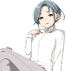 Rule 34 | 1girl, artist name, collared shirt, feet out of frame, grey hair, grey pantyhose, kantai collection, long sleeves, mole, mole on neck, moti coi, one-hour drawing challenge, open mouth, pantyhose, shirt, short hair, signature, simple background, smile, solo, tamanami (kancolle), white background, white shirt, yellow eyes