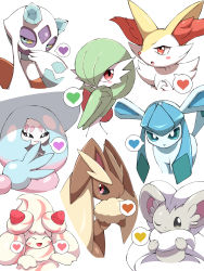 Rule 34 | absurdres, alcremie, animal ear fluff, blue eyes, blush stickers, braixen, cinccino, closed eyes, colored sclera, commentary request, creatures (company), froslass, game freak, gardevoir, gen 3 pokemon, gen 4 pokemon, gen 5 pokemon, gen 6 pokemon, gen 8 pokemon, glaceon, half-closed eyes, hands up, hatterene, heart, highres, lopunny, nintendo, one eye closed, pokemon, pokemon (creature), shabana may, smile, spoken heart, yellow sclera