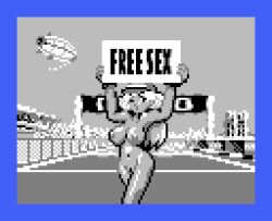 Rule 34 | 1girl, aircraft, baseball cap, breasts, dirigible, family circuit, family circuit &#039;91, hat, holding, large breasts, long hair, monochrome, namco, navel, nipples, nude, one eye closed, open mouth, pixel art, pussy, saiwai hiroshi, sign, sky, standing, wink