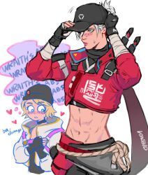 Rule 34 | 2girls, abs, apex legends, artist name, bandaged arm, bandages, baseball cap, beanie, black gloves, black hat, black shirt, blonde hair, blush, cropped jacket, cropped shirt, electric incognito wattson, english text, fingerless gloves, gloves, grey hair, hat, heart, highres, jacket, looking ahead, multiple girls, navel, red jacket, shirt, short hair, simple background, street smart wraith, sweat, thought bubble, wasabi (vowsbid), wattson (apex legends), white background, wraith (apex legends), yuri