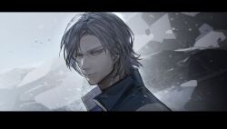 Rule 34 | 1boy, armored core, armored core 6, blue jacket, closed mouth, grey background, grey eyes, grey hair, highres, jacket, letterboxed, male focus, outdoors, portrait, riio, short hair, snow, solo, v.iv rusty