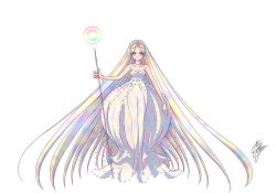 Rule 34 | 1girl, absurdly long hair, anime coloring, bare shoulders, bishoujo senshi sailor moon, blonde hair, blue hair, bracelet, breasts, bubble skirt, circlet, collarbone, dress, earrings, full body, gem, glowing, guardian cosmos, hair ornament, holding, jewelry, light smile, long hair, looking at viewer, marco albiero, multicolored eyes, multicolored hair, necklace, official style, outstretched arm, pearl (gemstone), pearl necklace, pink eyes, purple hair, red eyes, sailor guardian cosmos, see-through silhouette, signature, simple background, skirt, sleeveless, sleeveless dress, small breasts, smile, solo, staff, strapless, strapless dress, very long hair, white background, white hair, yellow eyes