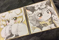 Rule 34 | 2girls, animal ear fluff, animal ears, blonde hair, blush stickers, cat ears, chen, closed mouth, dress, fingernails, frilled dress, frilled headwear, frills, hands in opposite sleeves, hat, highres, long fingernails, long sleeves, looking at viewer, medium hair, mob cap, multiple girls, parted lips, sharp fingernails, shikishi, spot color, touhou, traditional media, upper body, yakumo ran, yakumora n, yellow eyes, zun (style)