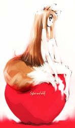 Rule 34 | 00s, animal ears, apple, brown hair, food, fruit, holo, long hair, mike156, nude, red eyes, solo, spice and wolf, tail, wolf ears, wolf tail
