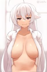 Rule 34 | 1girl, ahoge, breasts, breasts apart, brown eyes, collarbone, commentary, dress shirt, hair between eyes, highres, iwbitu, large breasts, long hair, long sleeves, looking at viewer, navel, no bra, nyopu, open clothes, open shirt, original, shirt, smile, solo, symbol-only commentary, thick eyebrows, twitter username, upper body, very long hair, white hair, white shirt, wing collar
