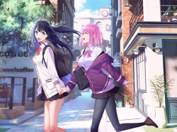 Rule 34 | 2girls, 3d background, :d, ^ ^, absurdres, backpack, bag, black bag, black hair, black pantyhose, black skirt, blue eyes, bow, bowtie, breasts, building, cardigan, cityscape, closed eyes, commentary, couple, day, english commentary, floating hair, gridman universe, highres, holding hands, jacket, jovei, long hair, long sleeves, looking at another, lower teeth only, medium breasts, multiple girls, off shoulder, open mouth, outdoors, pantyhose, partially unzipped, pink bow, pink bowtie, pink hair, plant, pleated skirt, potted plant, purple jacket, red bow, red bowtie, school bag, shinjou akane, shoulder bag, skirt, sleeves past wrists, smile, ssss.gridman, sunlight, takarada rikka, teeth, tree, upper teeth only, white cardigan, yuri, zipper pull tab