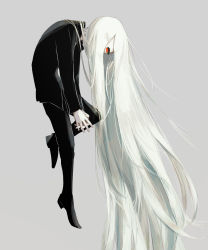 Rule 34 | 1boy, absurdly long hair, absurdres, albino, androgynous, avogado6, black footwear, black pants, black shirt, eyes visible through hair, full body, grey background, hair over mouth, hair over one eye, highres, interlocked fingers, long hair, long sleeves, looking at viewer, looking to the side, male focus, no pupils, orange eyes, original, own hands together, pale skin, pants, shirt, simple background, solo, very long hair, white hair