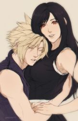 Rule 34 | 1boy, 1girl, artist name, black hair, blonde hair, breasts, closed eyes, cloud strife, final fantasy, final fantasy vii, final fantasy vii remake, head rest, highres, large breasts, long hair, looking at viewer, open mouth, pudelmudel, red eyes, spiked hair, square enix, tifa lockhart, twitter username