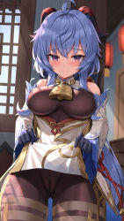 Rule 34 | 1girl, absurdres, ahoge, bare shoulders, bell, black gloves, blue hair, blurry, blurry background, breasts, brown leotard, brown pantyhose, cameltoe, chinese clothes, closed mouth, clothes lift, commentary request, cowbell, cowboy shot, curled horns, detached collar, detached sleeves, embarrassed, ganyu (genshin impact), genshin impact, gloves, gluteal fold, goat horns, gold trim, hair between eyes, highres, horns, kyonta, large breasts, leotard, lifted by self, long hair, long sleeves, looking at viewer, neck bell, pantyhose, pelvic curtain, purple eyes, raised eyebrows, solo, sweat, taut clothes, taut leotard, thighlet, very long hair