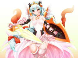 Rule 34 | 1girl, aqua hair, armor, bare shoulders, bow, braid, breasts, brown eyes, earrings, elbow gloves, covered erect nipples, gauntlets, gloves, hair bow, hair ornament, jewelry, light valkyrie (p&amp;d), long hair, o-ring, o-ring top, ponytail, puzzle &amp; dragons, s-ram, shield, skirt, solo, sword, thighhighs, twin braids, valkyrie (p&amp;d), very long hair, weapon, wings, zettai ryouiki